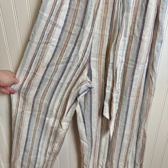 Cupio Striped Linen Blend Wide Leg Jumpsuit Tie Belt L43 - Picture 4 of 8
